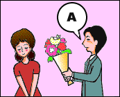 A man is giving her flowers.